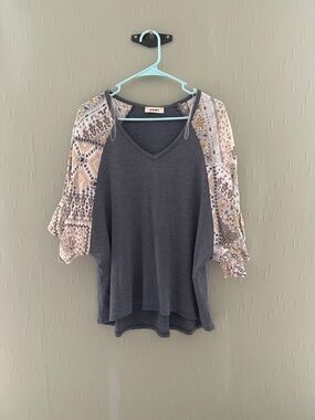 ADORA Charcoal V-Neck Top with Paisley Shoulder Accents